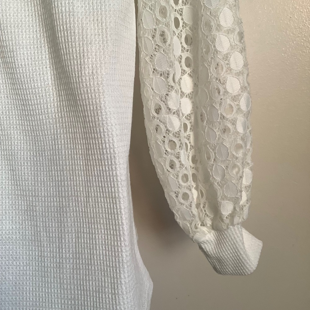 MIHOLL White Mock Neck‎ Waffle Knit Dainty Boho Lace Sleeve Blouse Top Women's M - Picture 2 of 11